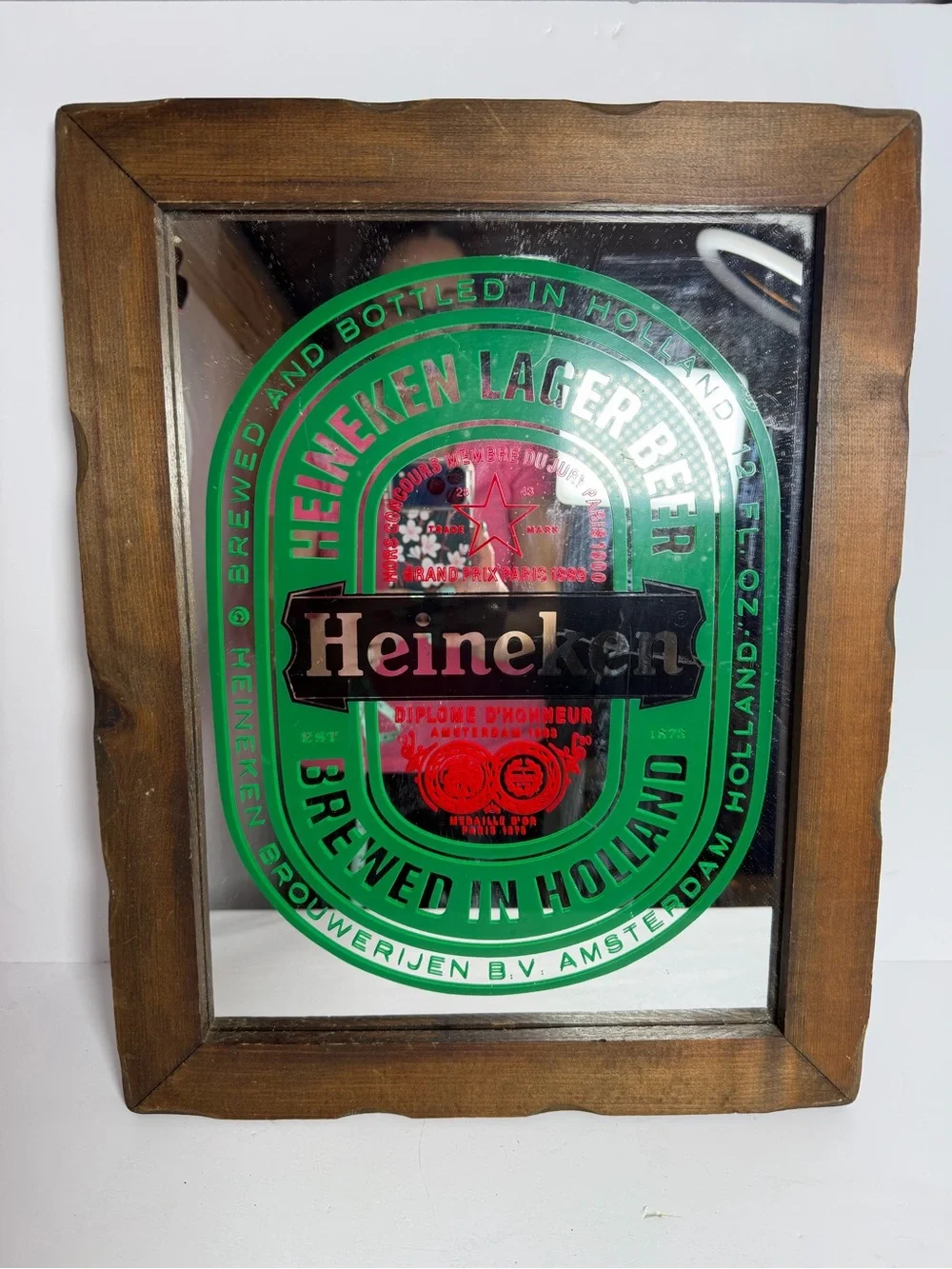 Vintage Heineken Lager Beer Mirror Sign Scalloped Wood Frame 15” x 18” Bar Decor